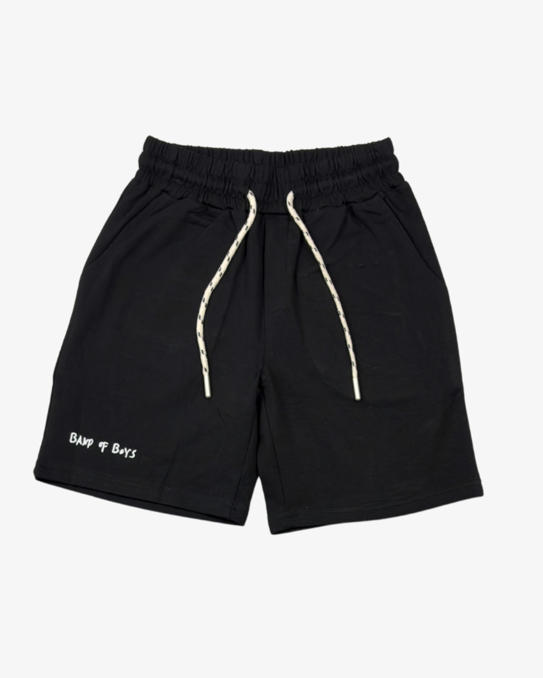 Band of Boys black shorts with an elastic waistband, cream drawstring and small white logo near the hem.