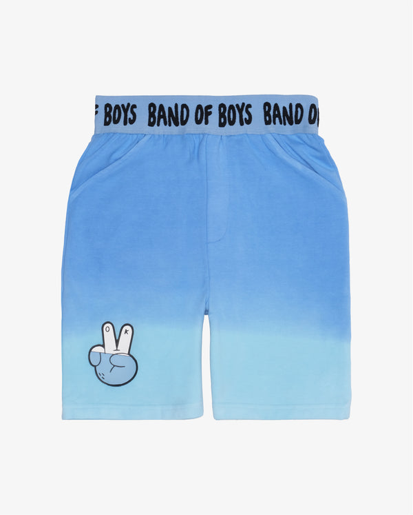 Peace Out Blue Dip-Dye Shorts Flatlay