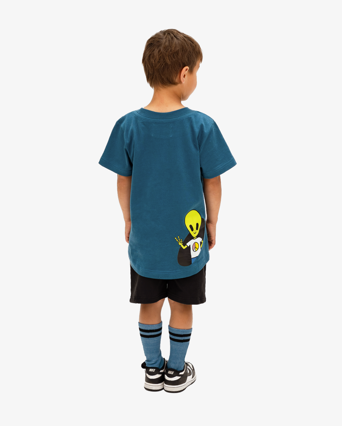 Blue Band of Boys scoop hem tee shirt with alien graphic and peace fingers graphic