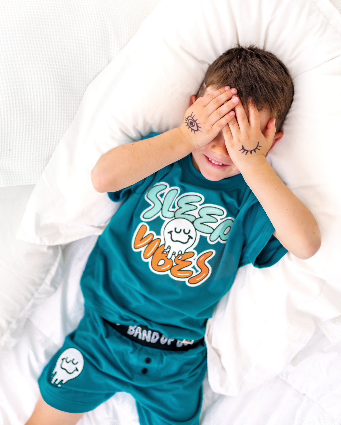 Blue Band of Boys summer pjs with sleep vibes and smiley face