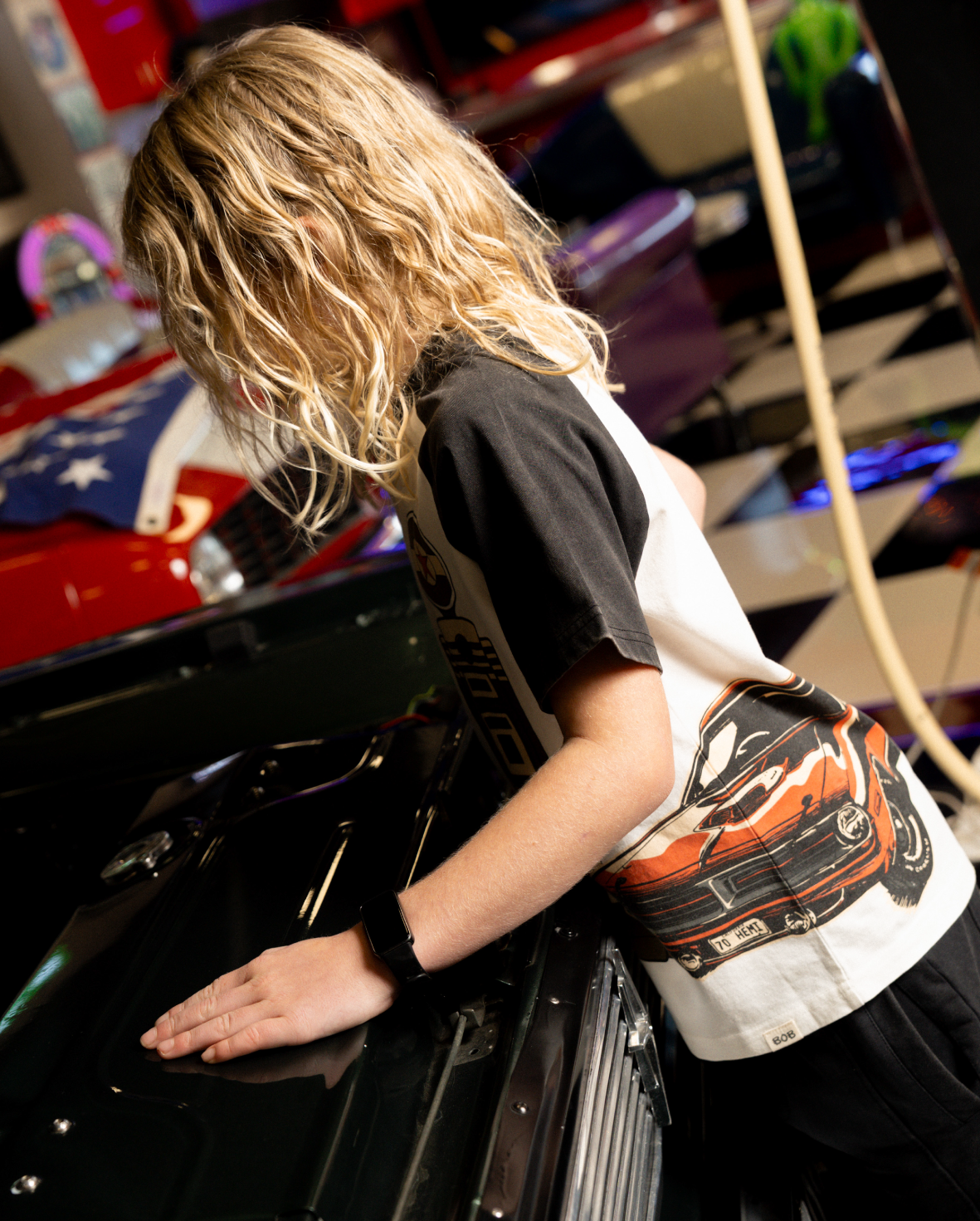 Black and white Band of Boys raglan tee with car and fuel pump graphic
