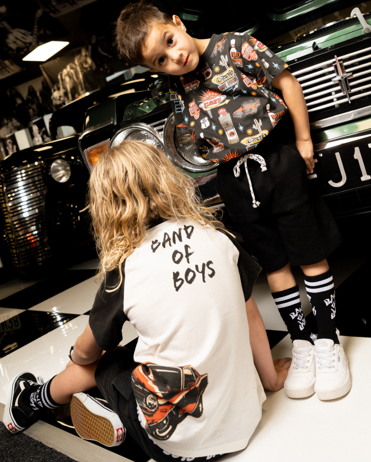 Black and white Band of Boys raglan tee with car and fuel pump graphic