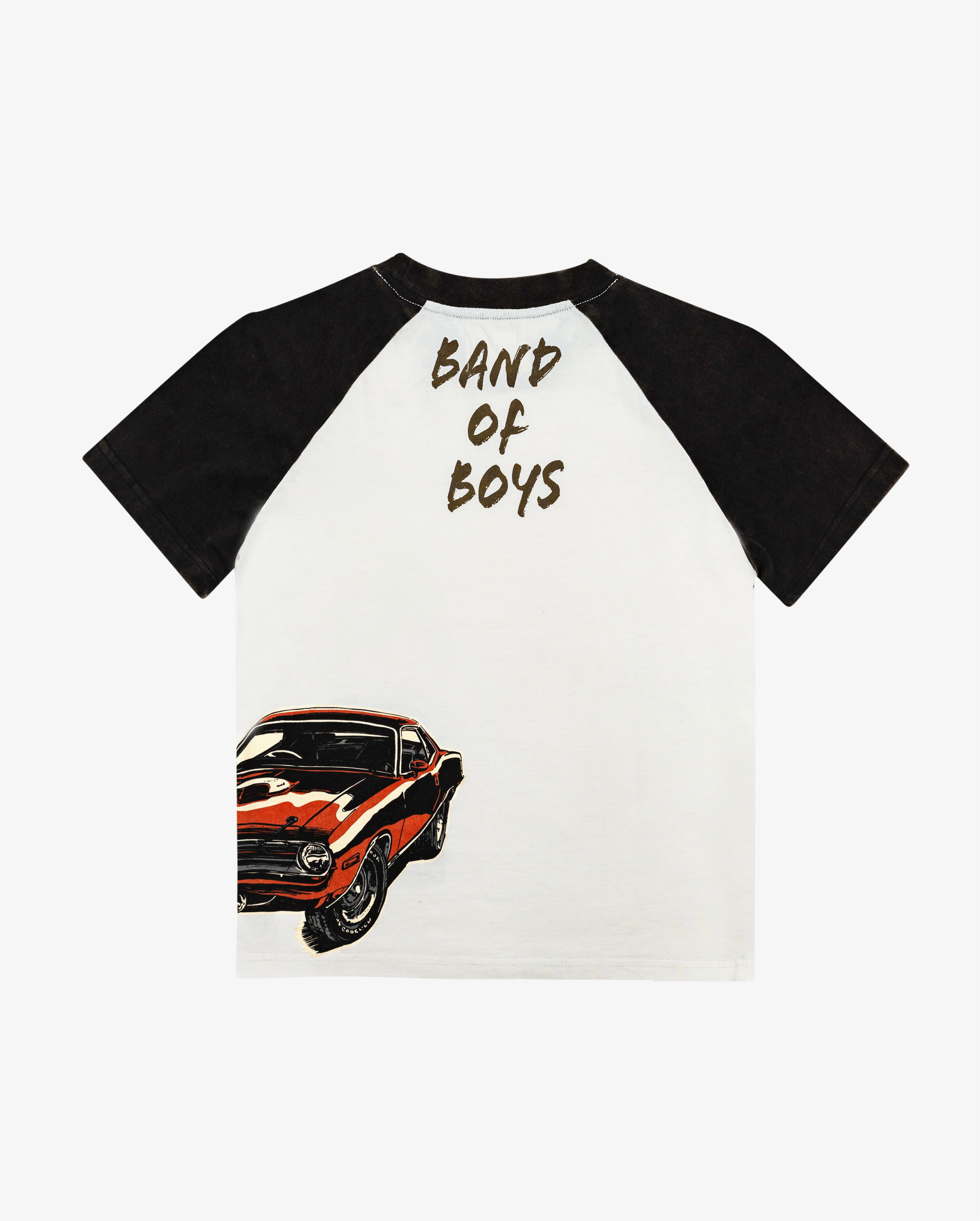 Black and white Band of Boys raglan tee with car and fuel pump graphic