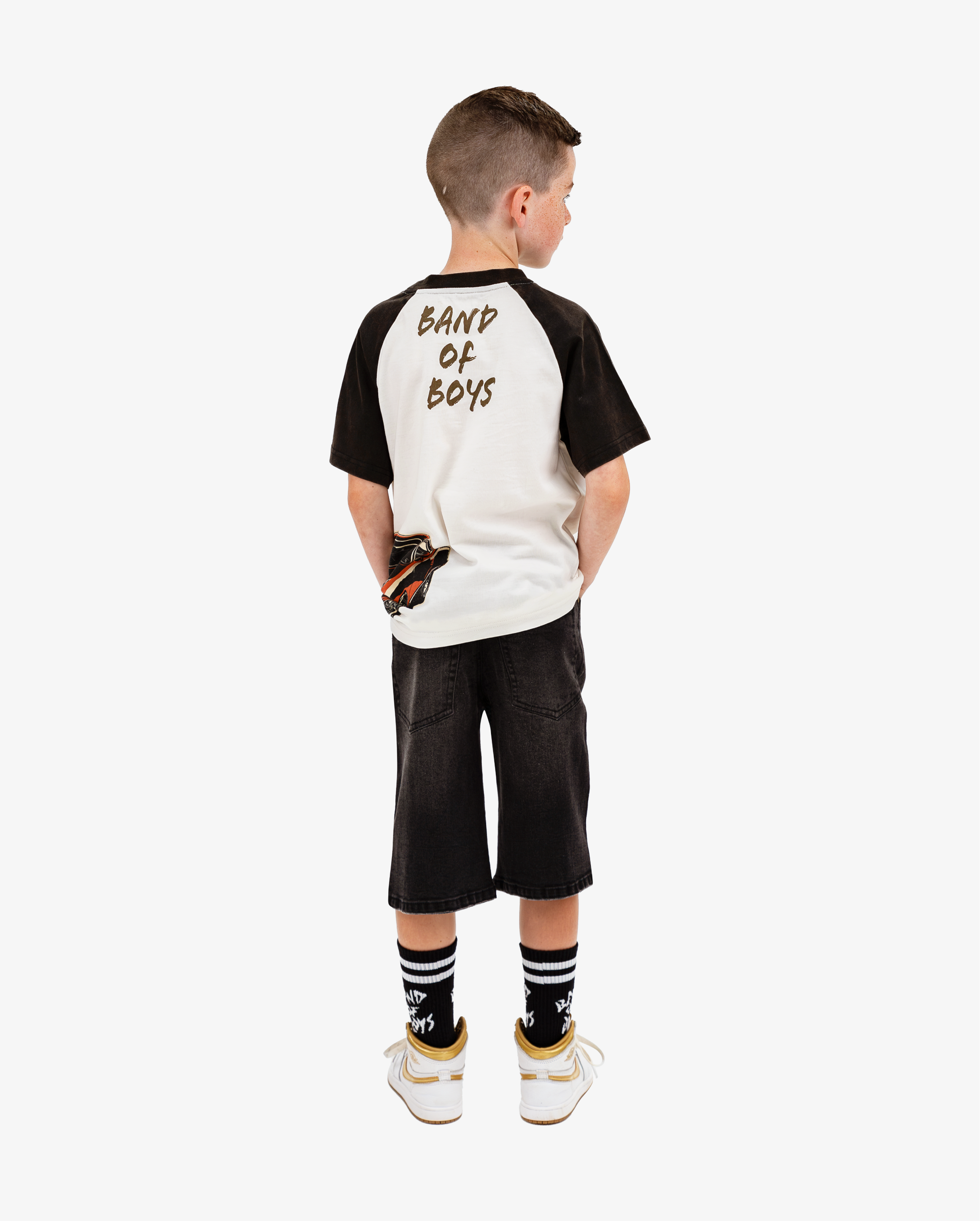 Black and white Band of Boys raglan tee with car and fuel pump graphic and black jorts