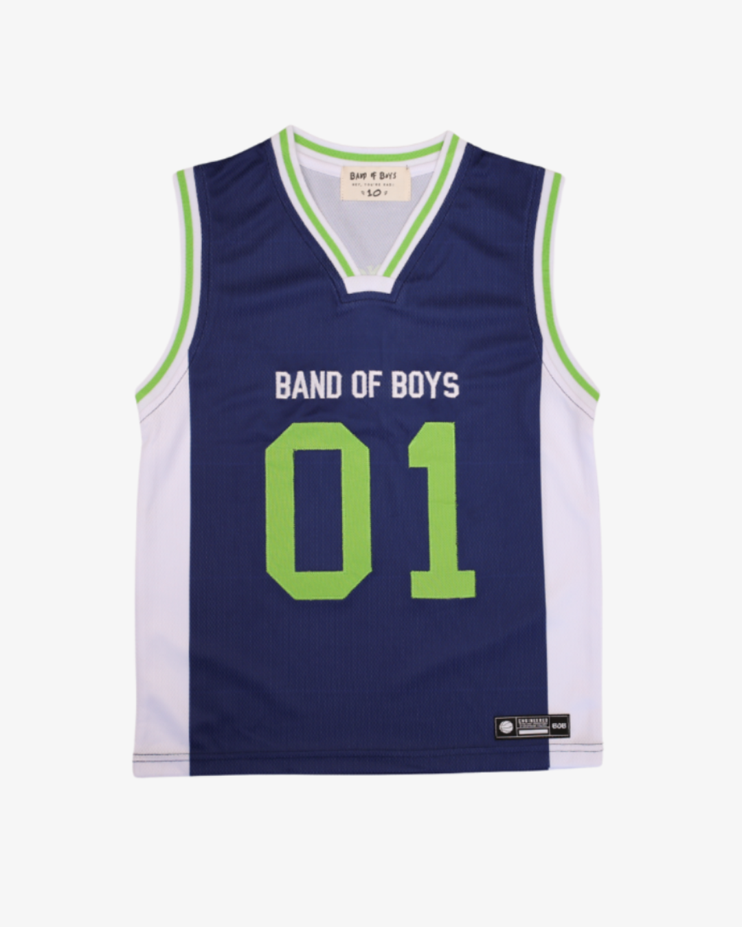 Band of Boys navy basketball tank with white side panels, lime-green and white trims, white brand lettering and a large lime-green 01 on the front.