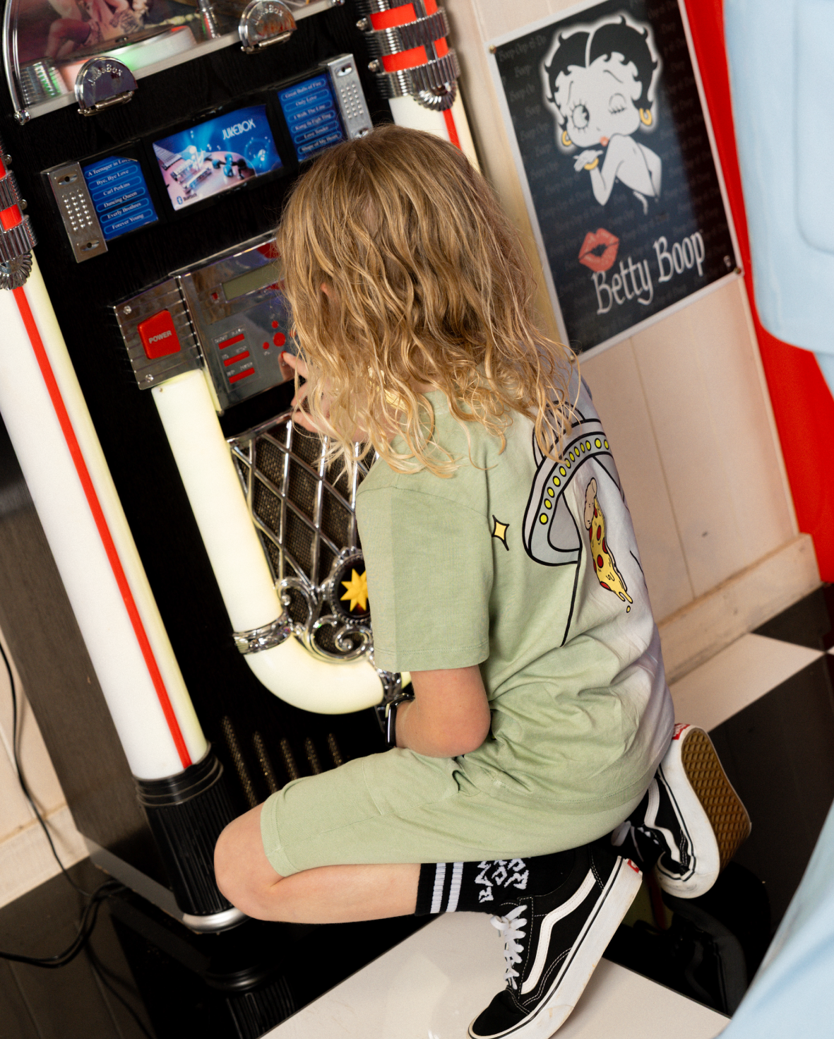 Band of Boys ombre blue/grey and green dip dye tee with alien and spaceship pizza graphic