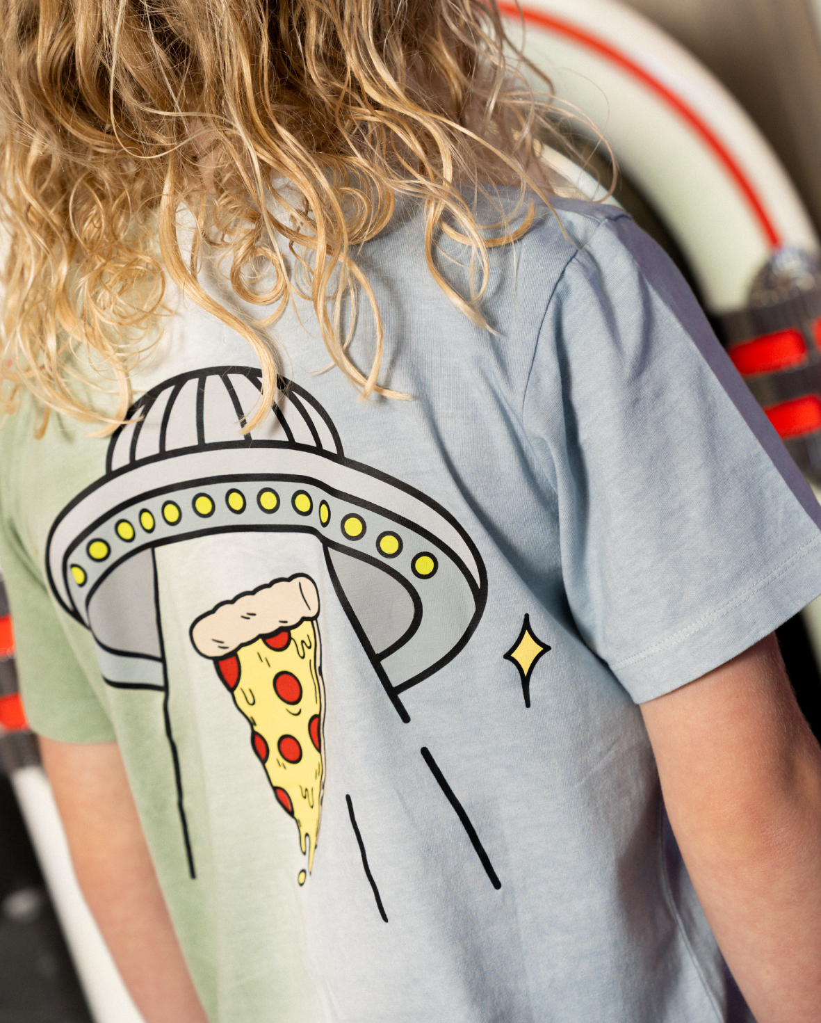 Band of Boys ombre blue/grey and green dip dye tee with alien and spaceship pizza graphic