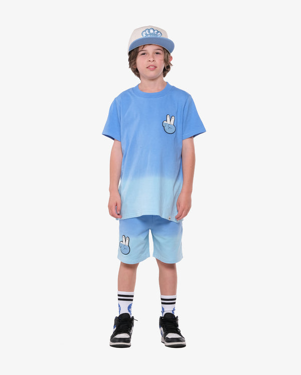 Peace Out Blue Dip-Dye Shorts - Model Front