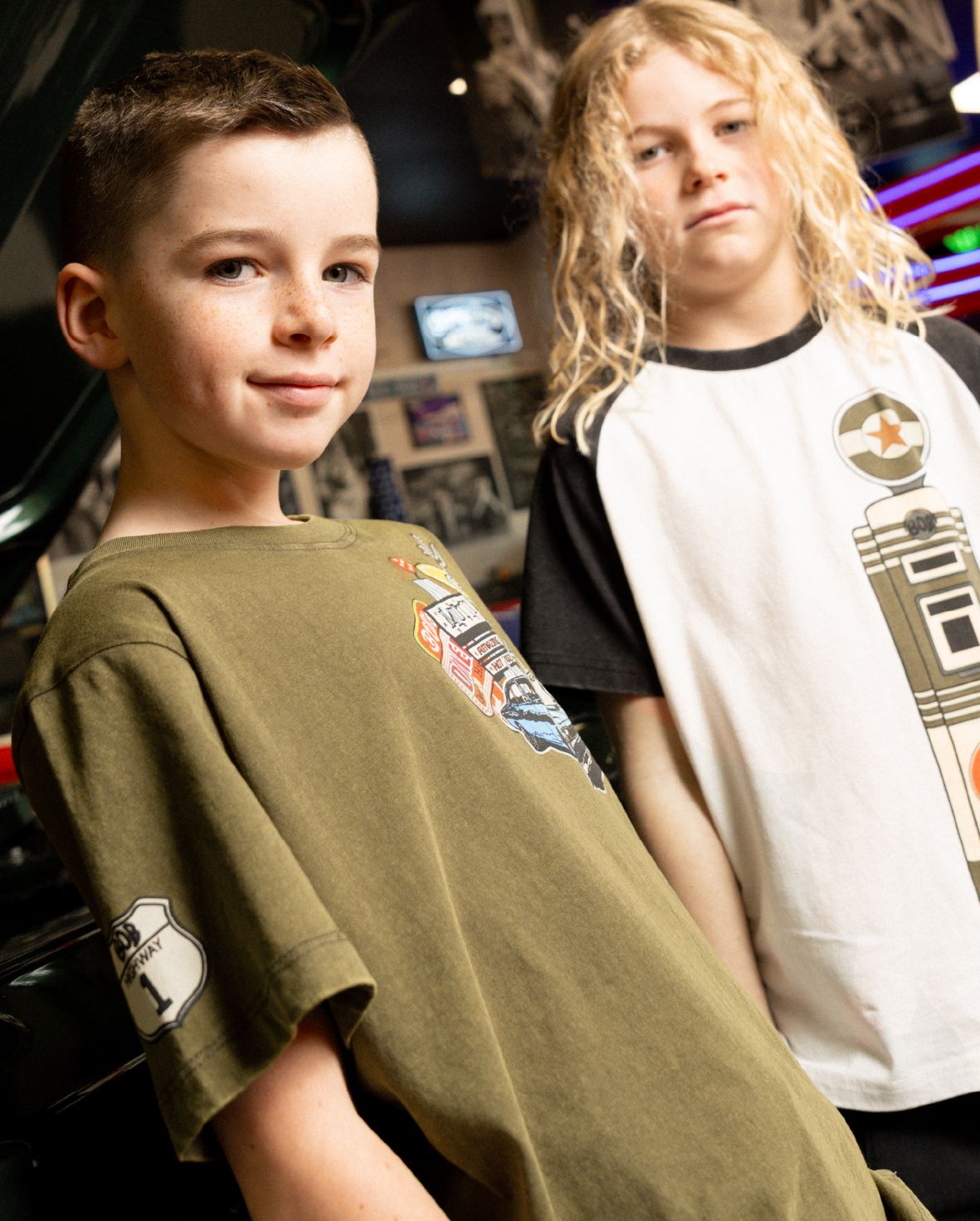 Band of Boys khaki tee with Route 66 type graphics and badge on arm