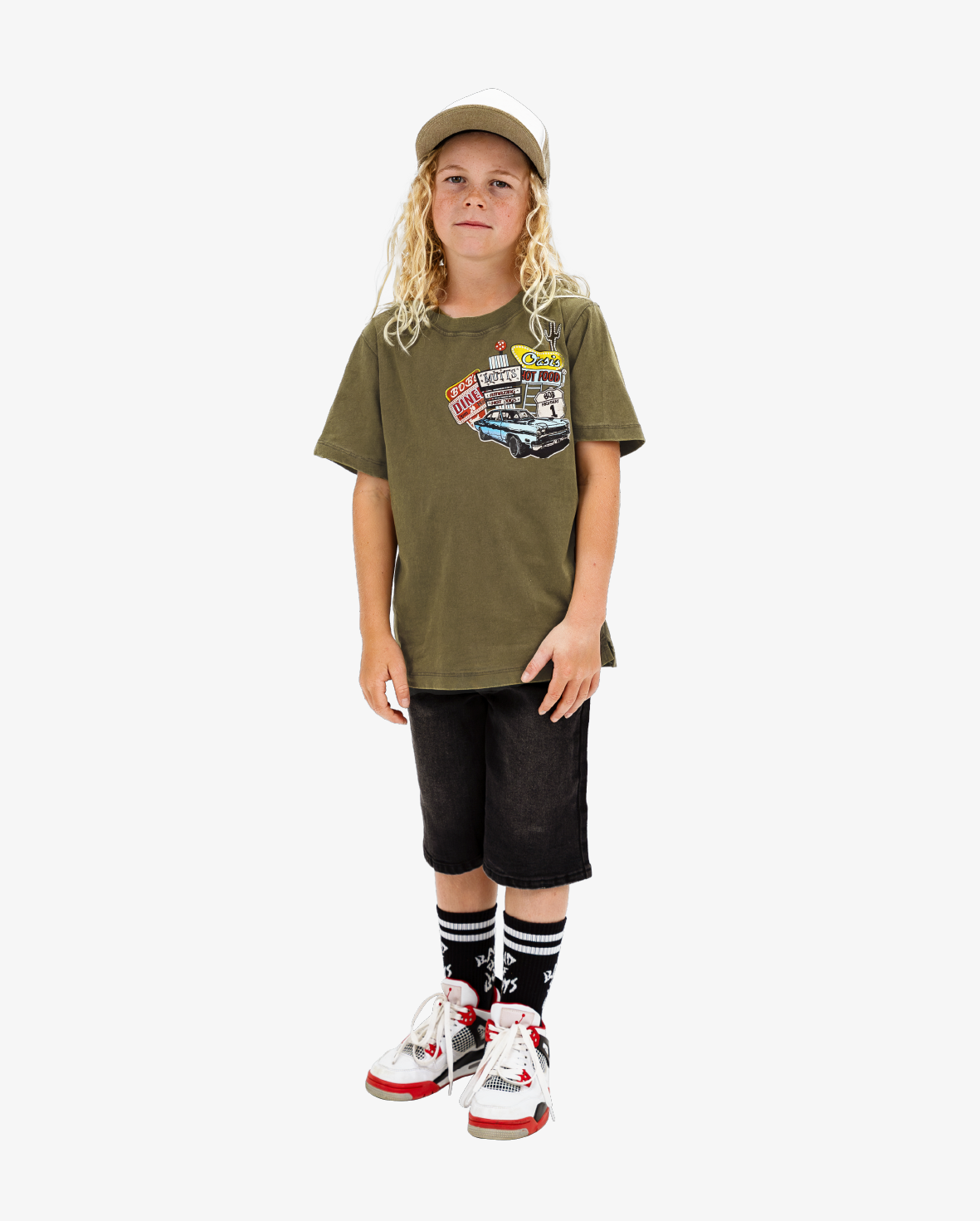 Band of Boys khaki tee with Route 66 type graphics and badge on arm and black jorts
