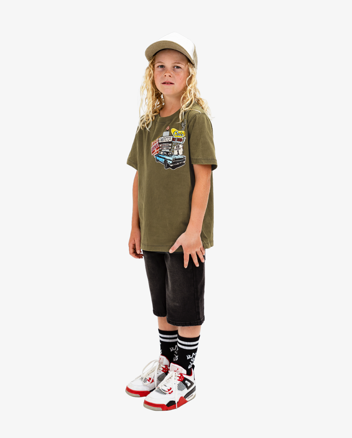 Band of Boys khaki tee with Route 66 type graphics and badge on arm