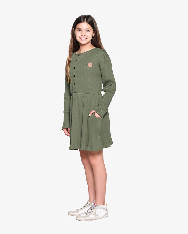 GRLFRND | Olive Green Rib Cotton Button Front Dress