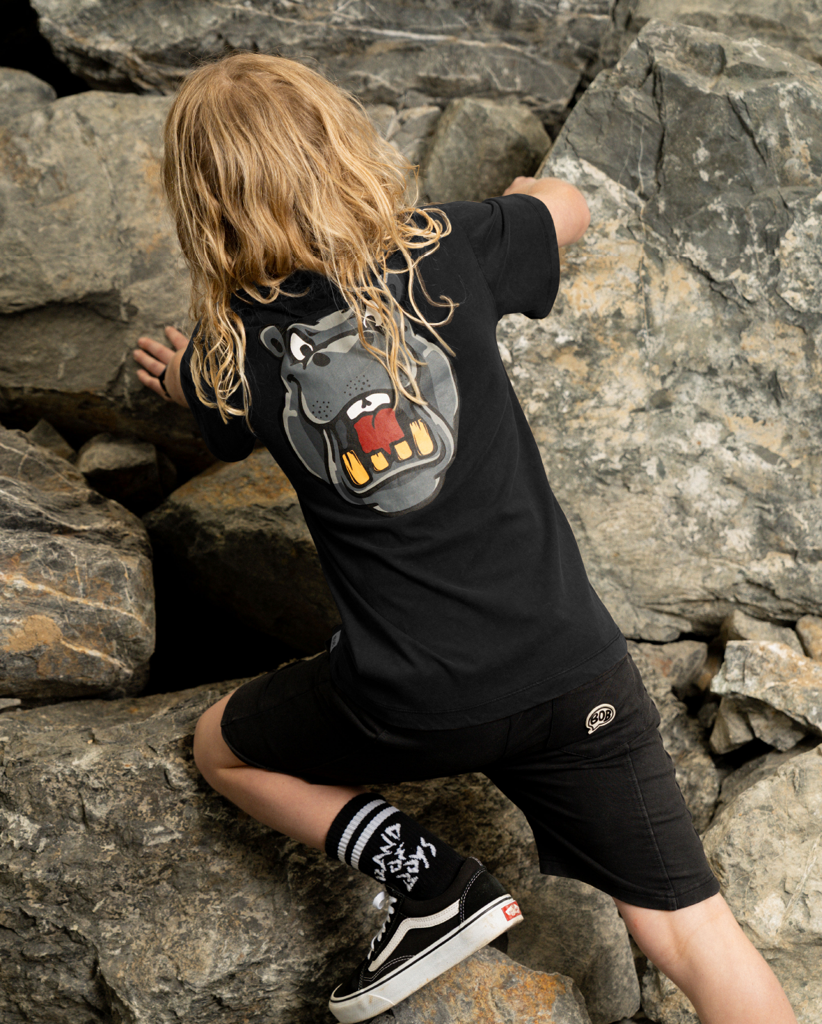 Band of Boys black t shirt with fun hippo graphic