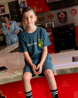 Blue Band of Boys scoop hem tee shirt with alien graphic and peace fingers graphic