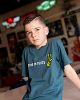 Blue Band of Boys scoop hem tee shirt with alien graphic and peace fingers graphic