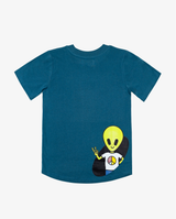 Blue Band of Boys scoop hem tee shirt with alien graphic and peace fingers graphic