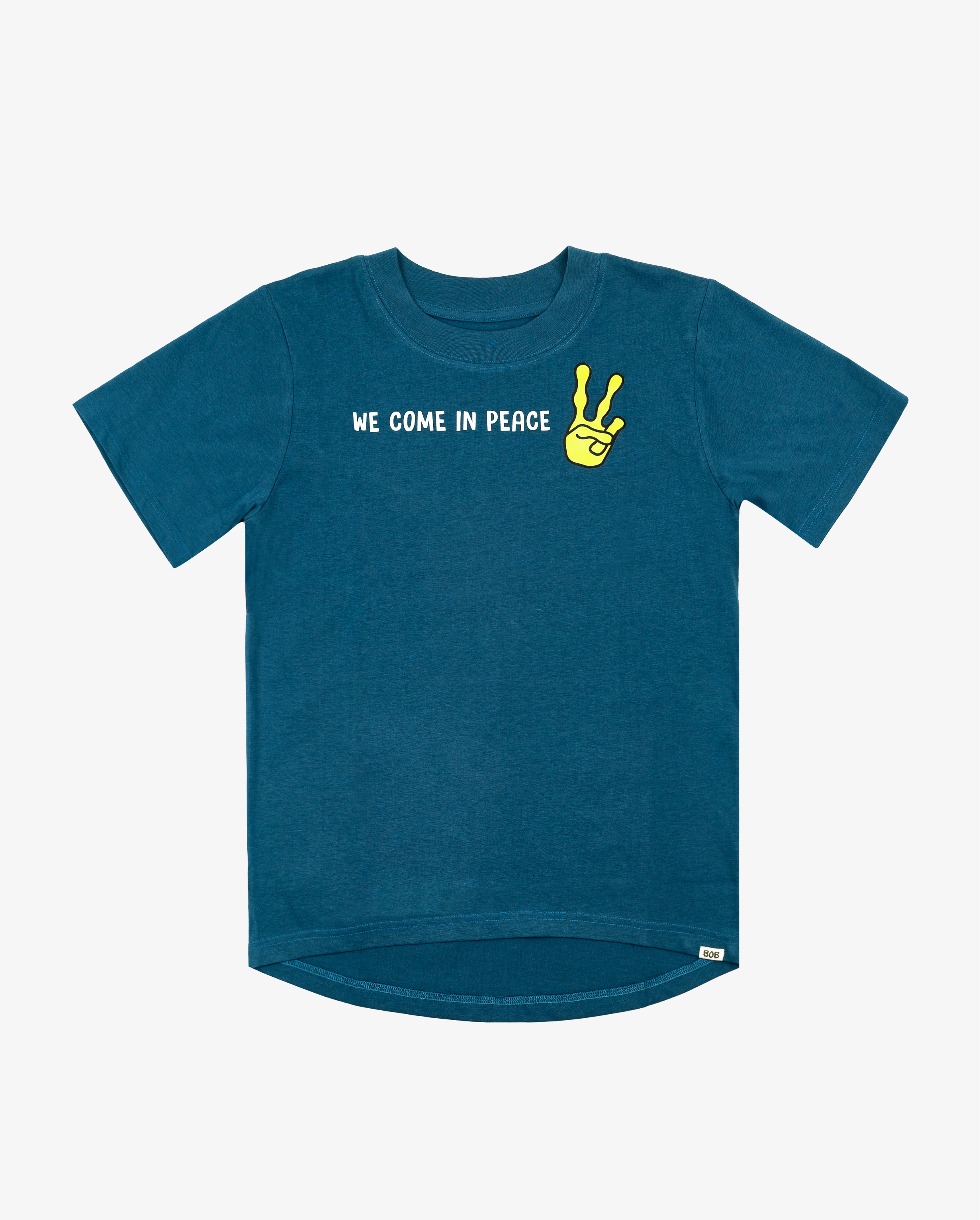 Blue Band of Boys scoop hem tee shirt with alien graphic and peace fingers graphic