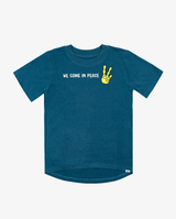 Blue Band of Boys scoop hem tee shirt with alien graphic and peace fingers graphic
