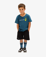 Blue Band of Boys scoop hem tee shirt with alien graphic and peace fingers graphic