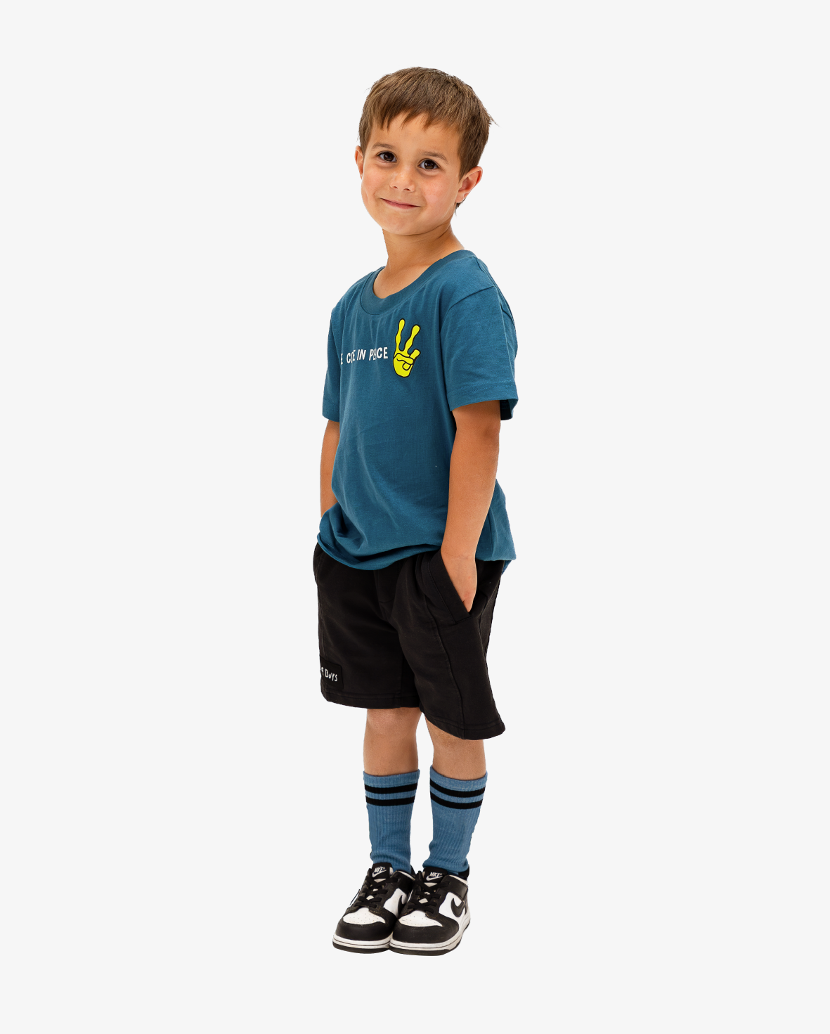 Blue Band of Boys scoop hem tee shirt with alien graphic and peace fingers graphic