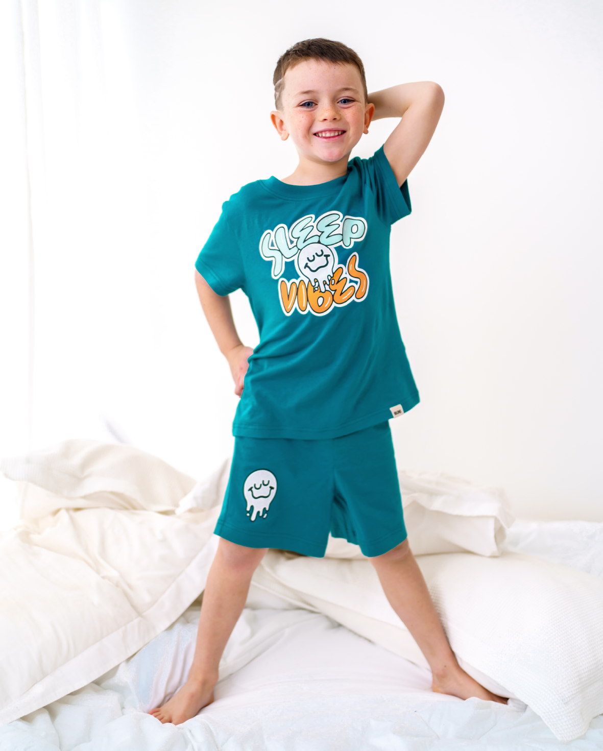 Blue Band of Boys summer pjs with sleep vibes and smiley face