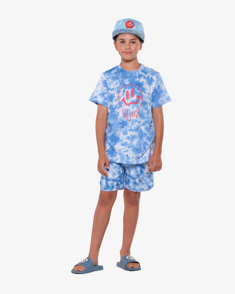 Blue Tie-Dye Recycled Polyester Boardies- Front Model