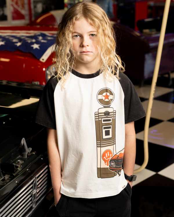 Black and white Band of Boys raglan tee with car and fuel pump graphic
