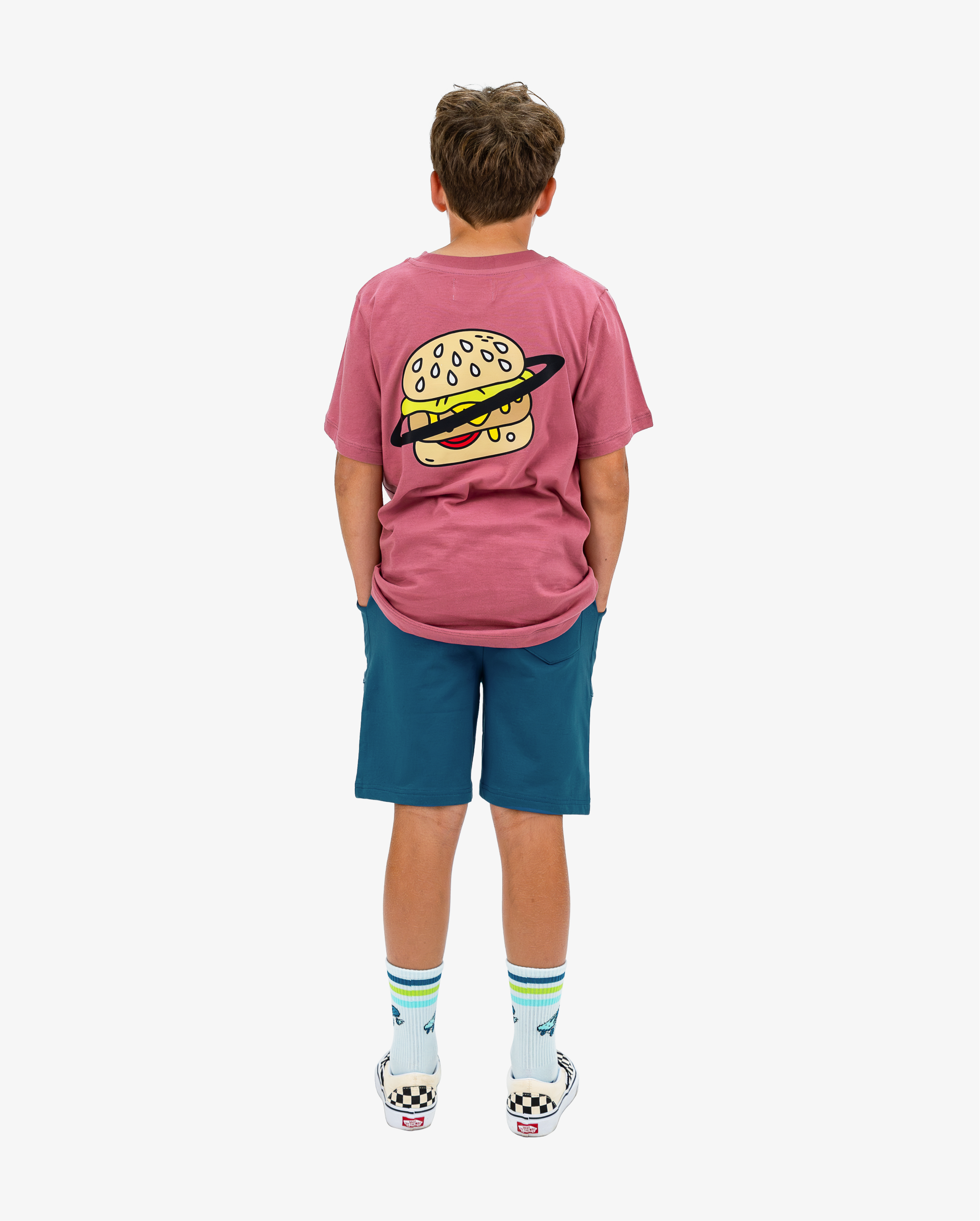 Band of Boys pink tshirt with fun alien and burger graphic and pocket
