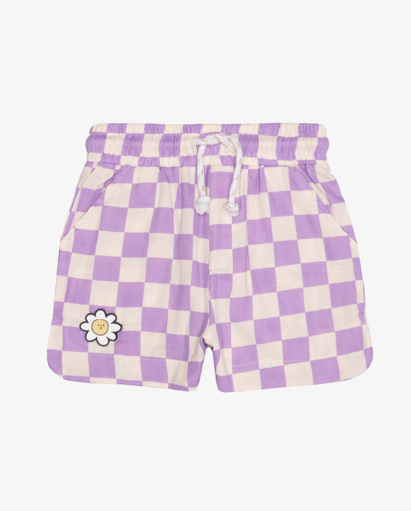 Lavender Checker Shorts Flatlay