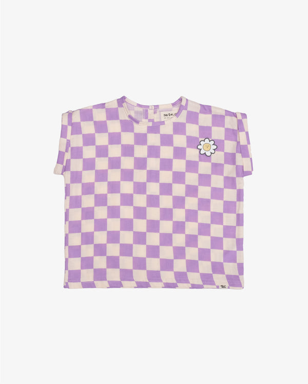 Lavender Checker Relaxed Top Flatlay - Front
