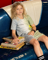 Band of Boys ombre blue/grey and green dip dye tee with alien and spaceship pizza graphic