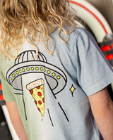 Band of Boys ombre blue/grey and green dip dye tee with alien and spaceship pizza graphic