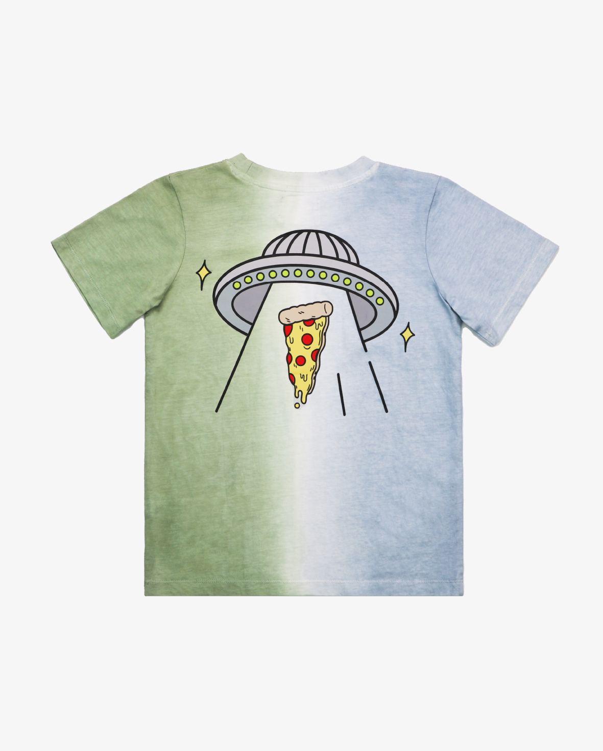 Band of Boys ombre blue/grey and green dip dye tee with alien and spaceship pizza graphic