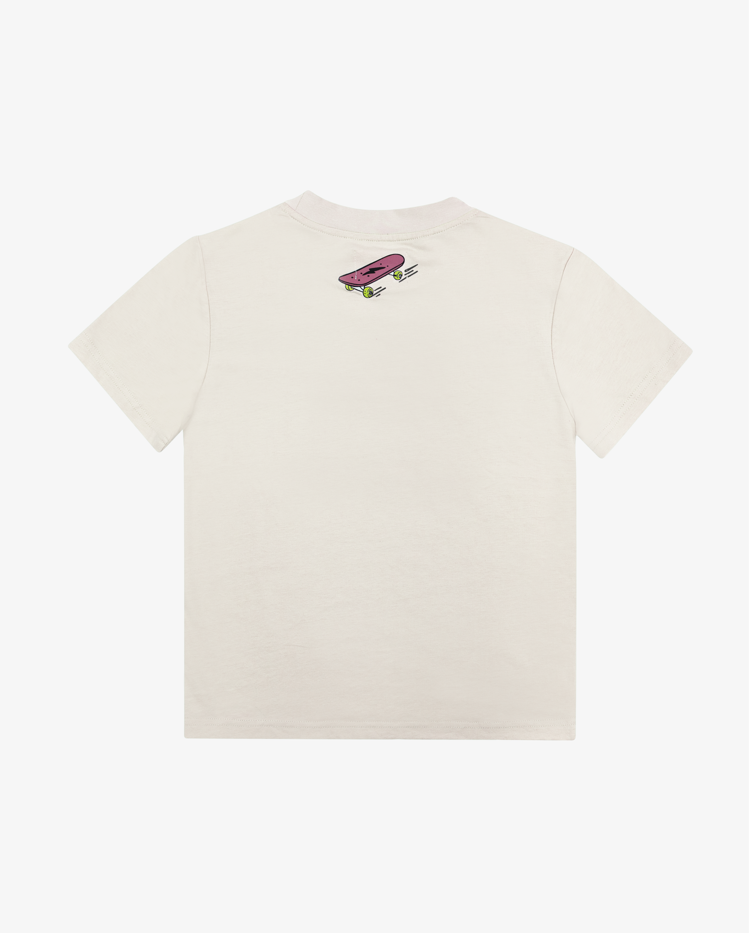 Band of Boys beige tshirt with blue and green stripes and skateboard graphics