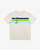 Band of Boys beige tshirt with blue and green stripes and skateboard graphics