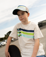 Band of Boys beige tshirt with blue and green stripes and skateboard graphics