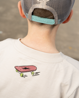 Band of Boys beige tshirt with blue and green stripes and skateboard graphics