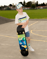 Band of Boys beige tshirt with blue and green stripes and skateboard graphics