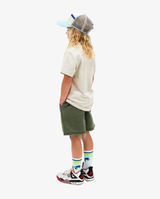 Band of Boys beige tshirt with blue and green stripes and skateboard graphics