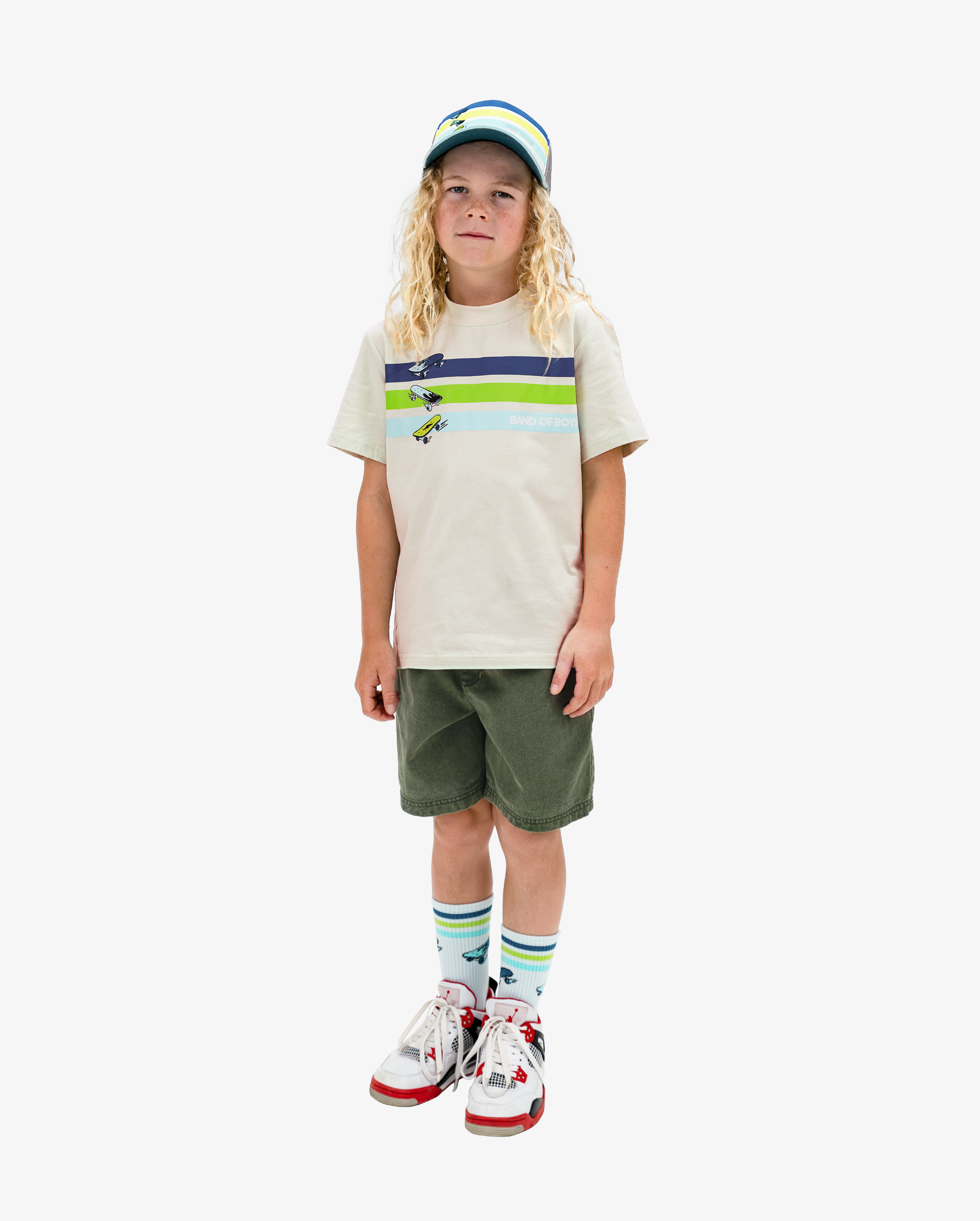 Band of Boys beige tshirt with blue and green stripes and skateboard graphics with matching hat and socks