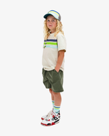 Band of Boys beige tshirt with blue and green stripes and skateboard graphics
