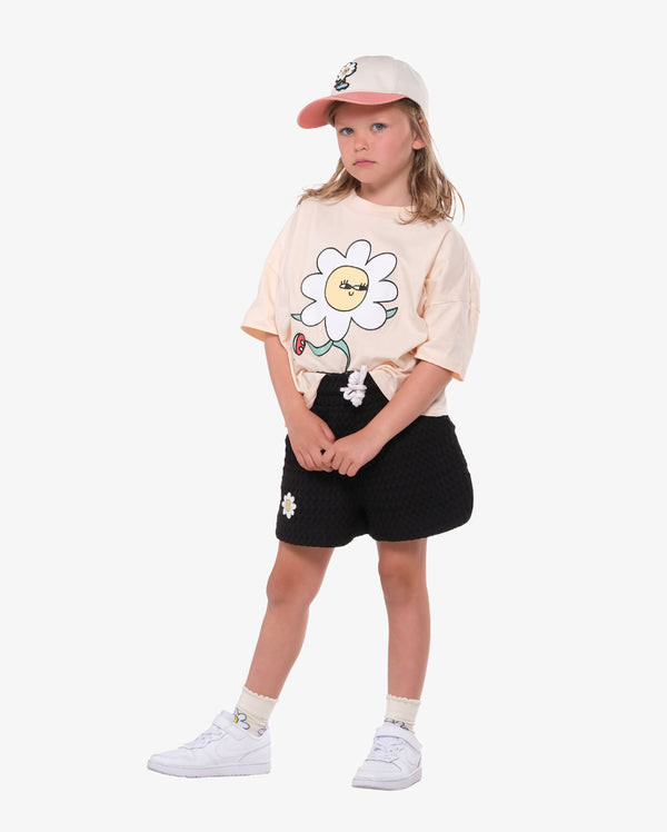 White & Pink Daisy Skater Cap - Model Front