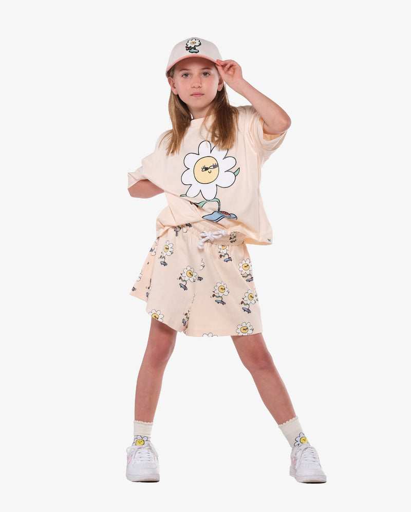 White & Pink Daisy Skater Cap  - Model Front