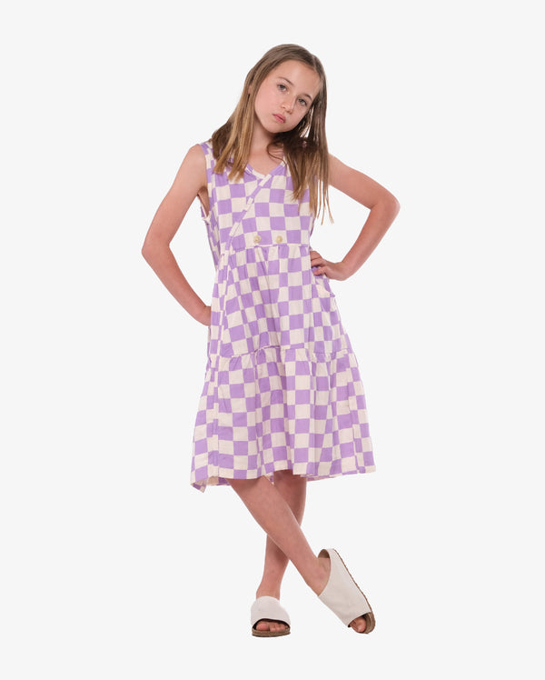 Checker Lavender Play Dress - Model Front