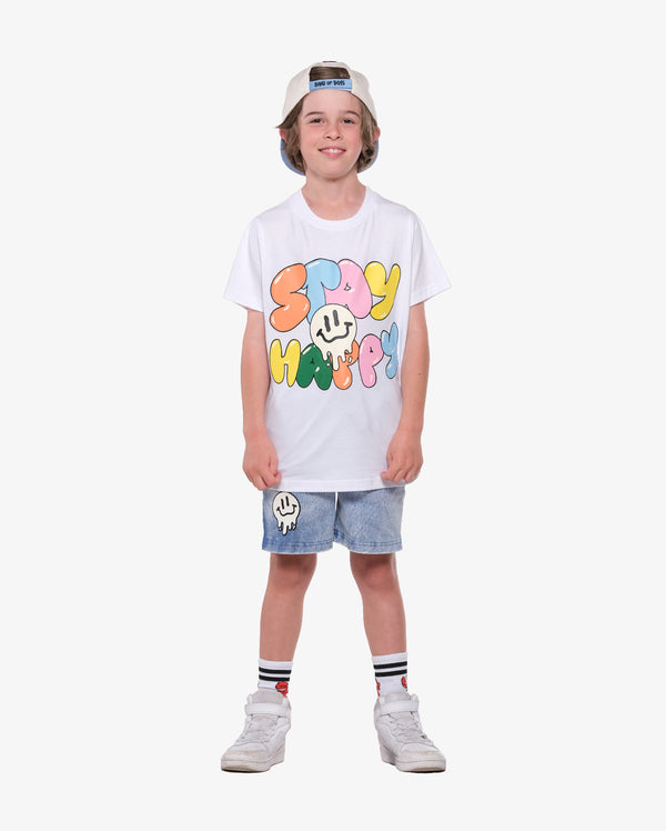 Stay Happy White Tee - Front Model