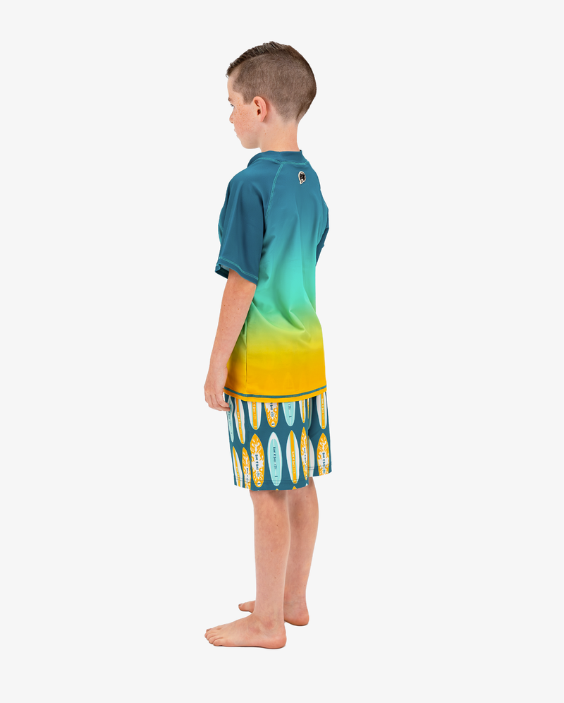 Green Band of Boys Surfboard Board Shorts with Rash Shirt