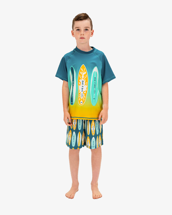 Green Band of Boys Surfboard Board Shorts with rash shirt