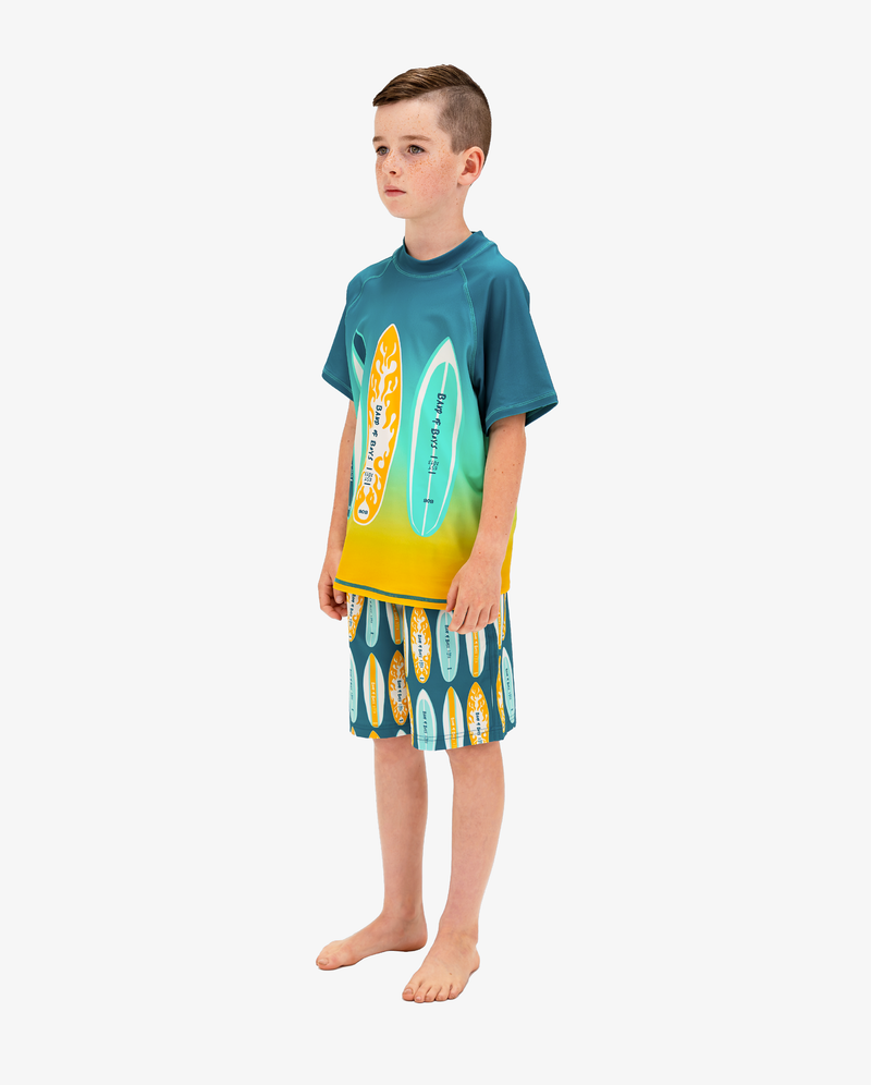 Green Band of Boys Surfboard Board Shorts with Rash Shirt