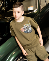 Band of Boys khaki tee with Route 66 type graphics and badge on arm