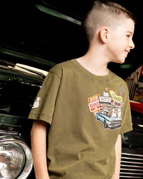 Band of Boys khaki tee with Route 66 type graphics and badge on arm